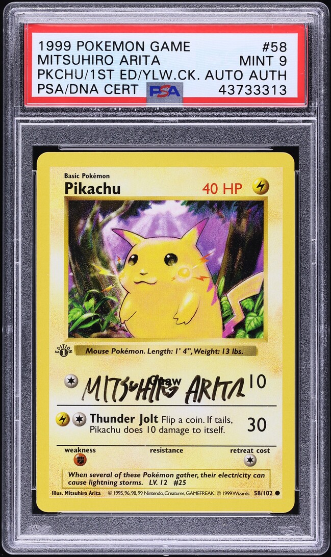 1999 Pokemon Base Set 1st Ed Yellow Cheeks Pikachu Arita AUTO #58 PSA 9 MINT