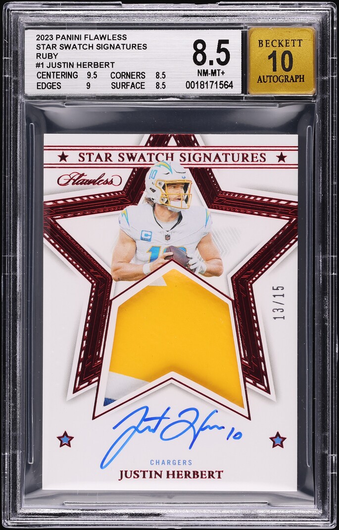 2023 Panini Flawless Star Ruby Justin Herbert PATCH AUTO /15 #1 BGS 8.5 NM-MT+