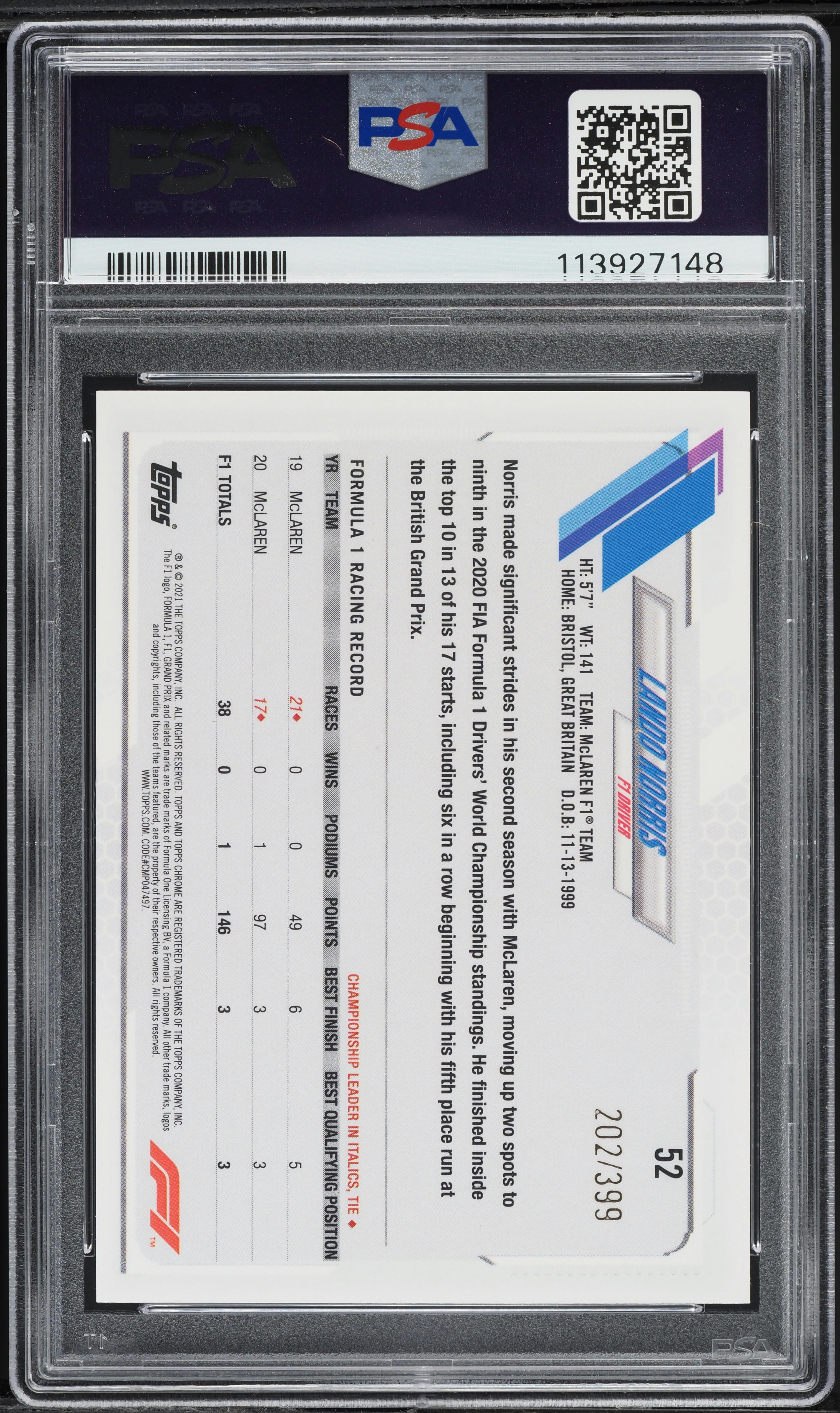 2021 Topps Chrome Formula 1 F1 Purple Refractor Lando Norris /399