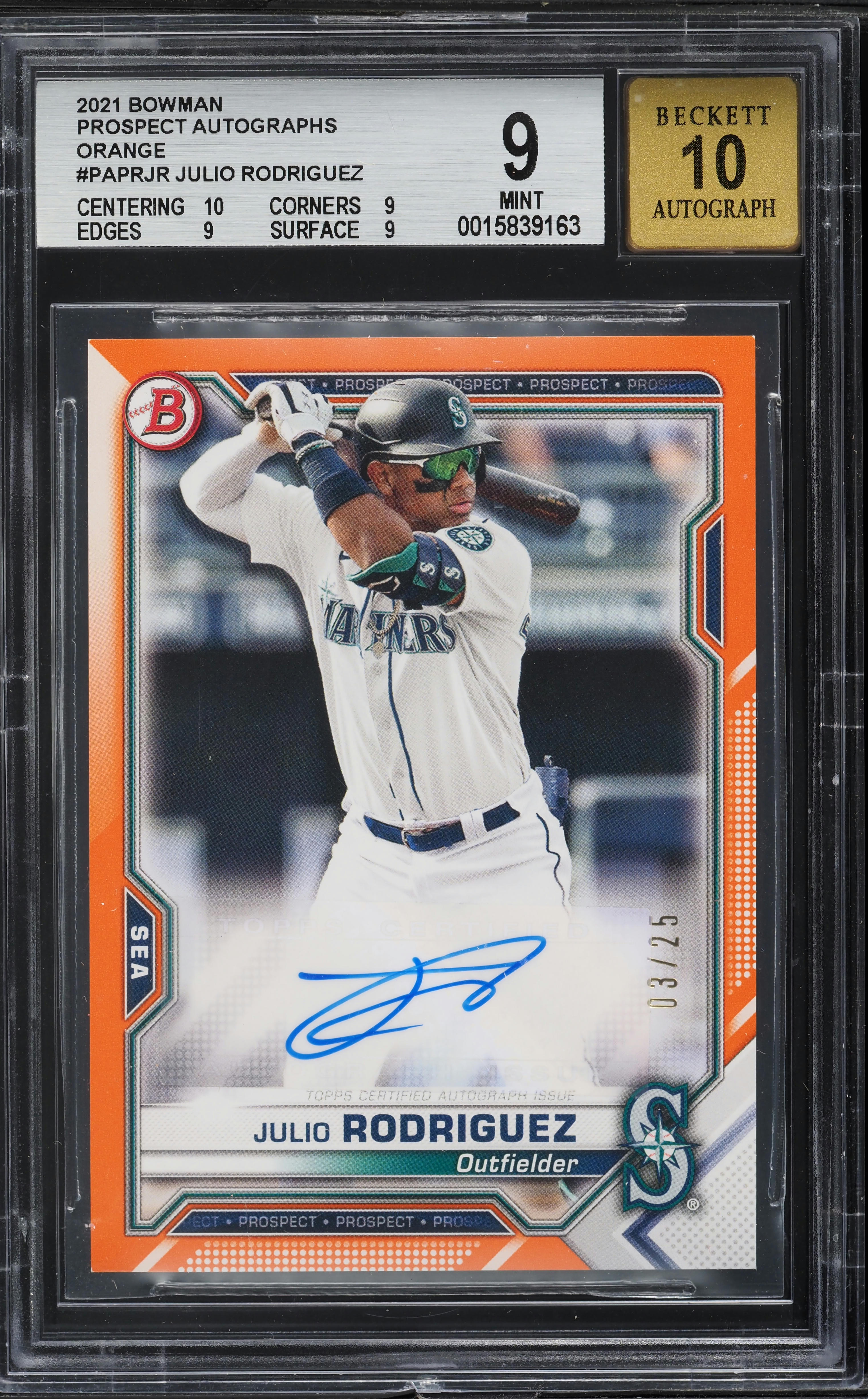 2021 Bowman Prospect Orange Julio Rodriguez AUTO /25 #PAPR-JR BGS