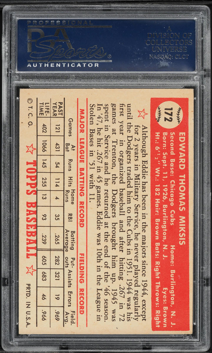 1952 Topps Eddie Miksis #172 PSA 6 EXMT