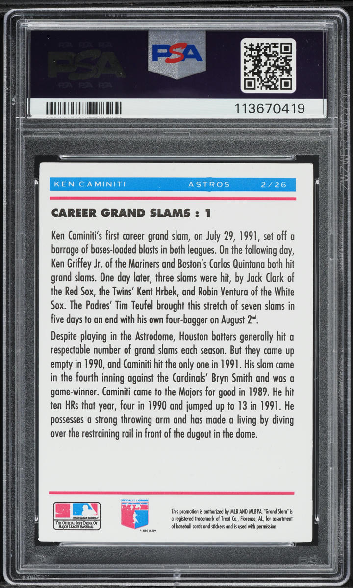 1992 Denny's Grand Slam Hologram Ken Caminiti #2 PSA 8 NM-MT
