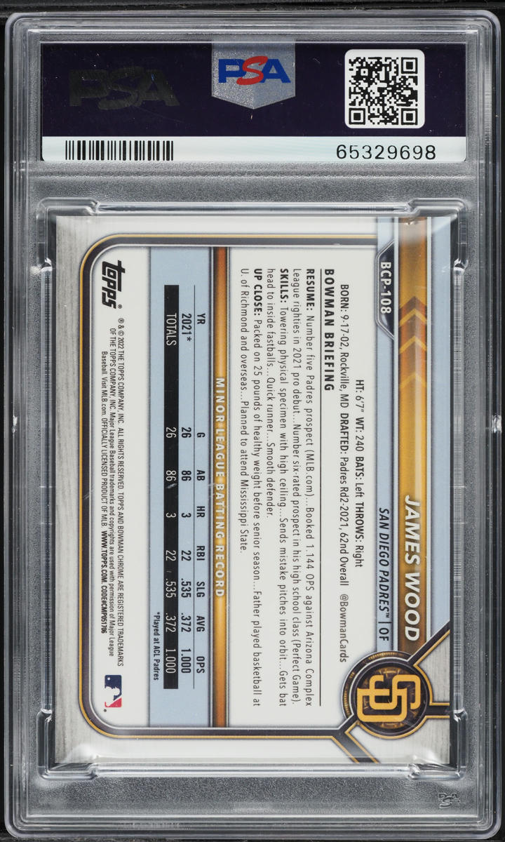 2022 Bowman Chrome Prospects Fuchsia Refractor James Wood /199 #BCP108 PSA 9