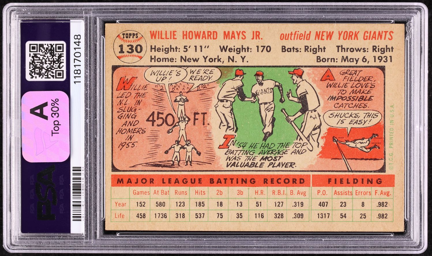 1956 Topps Willie Mays WHITE BACK #130 PSA 4.5 VGEX+