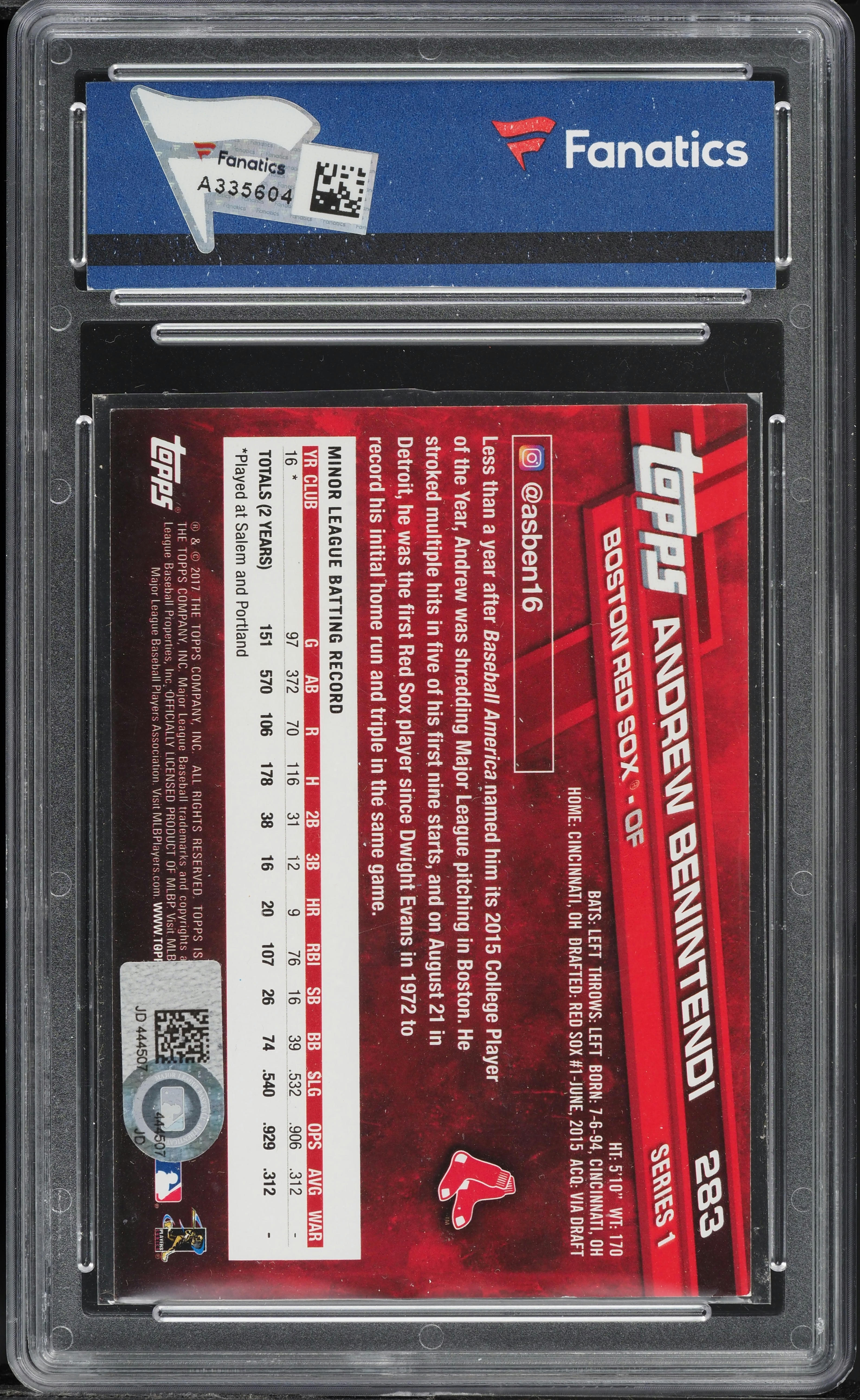 2017 Topps Series 1 Andrew Benintendi ROOKIE AUTO #283 FANATICS