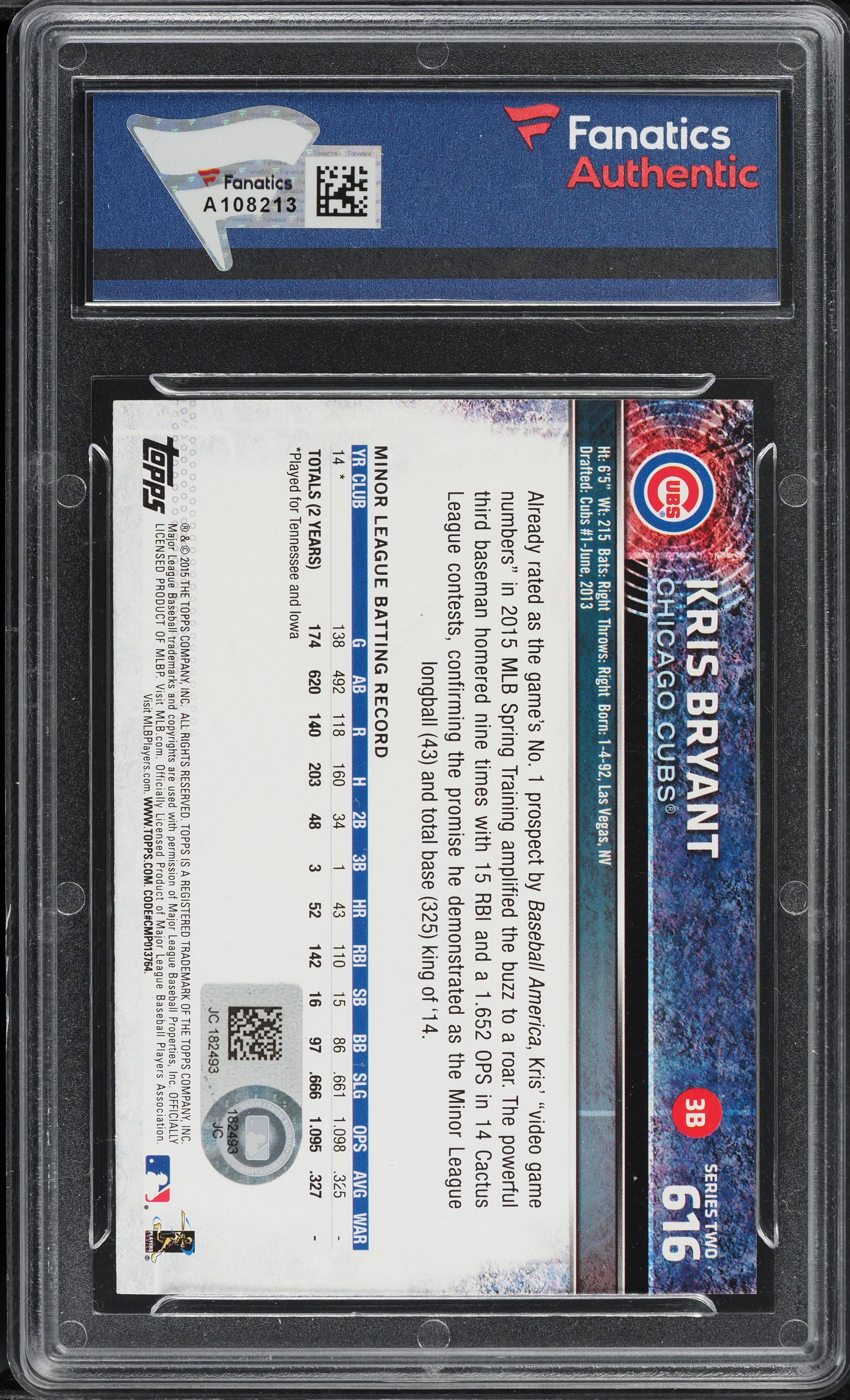 2015 Topps Close-Up Kris Bryant ROOKIE AUTO #616 FANATICS AUTH on