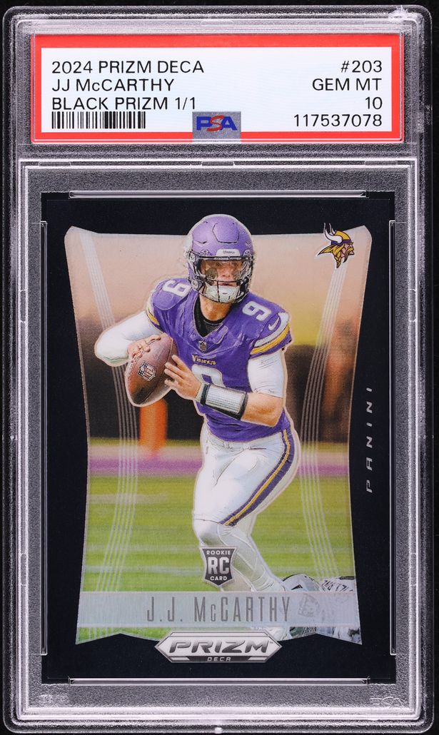 2024 Panini Prizm Deca Black J.J. McCarthy ROOKIE 1/1 #203 PSA 10 GEM MINT