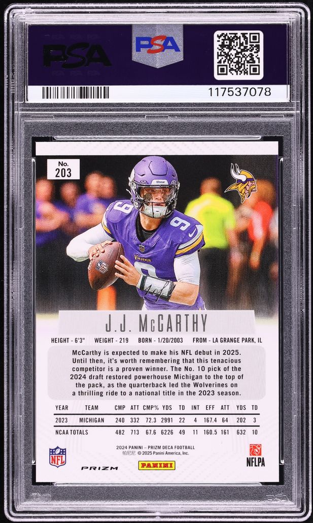 2024 Panini Prizm Deca Black J.J. McCarthy ROOKIE 1/1 #203 PSA 10 GEM MINT