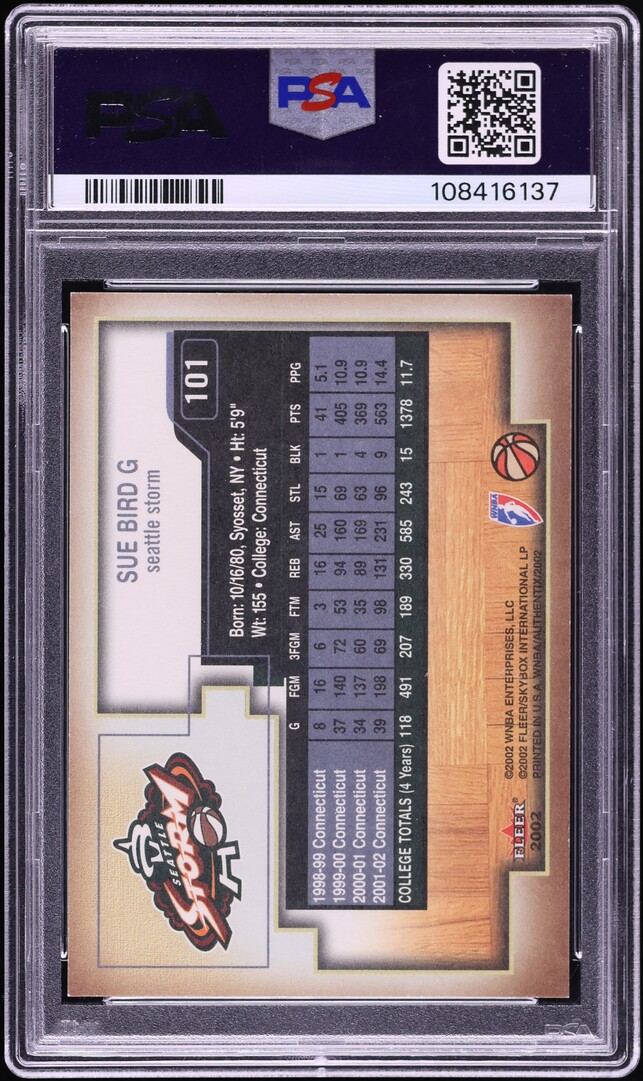2002 Fleer Authentix WNBA Sue Bird ROOKIE /2002 #101 PSA 8 NM-MT