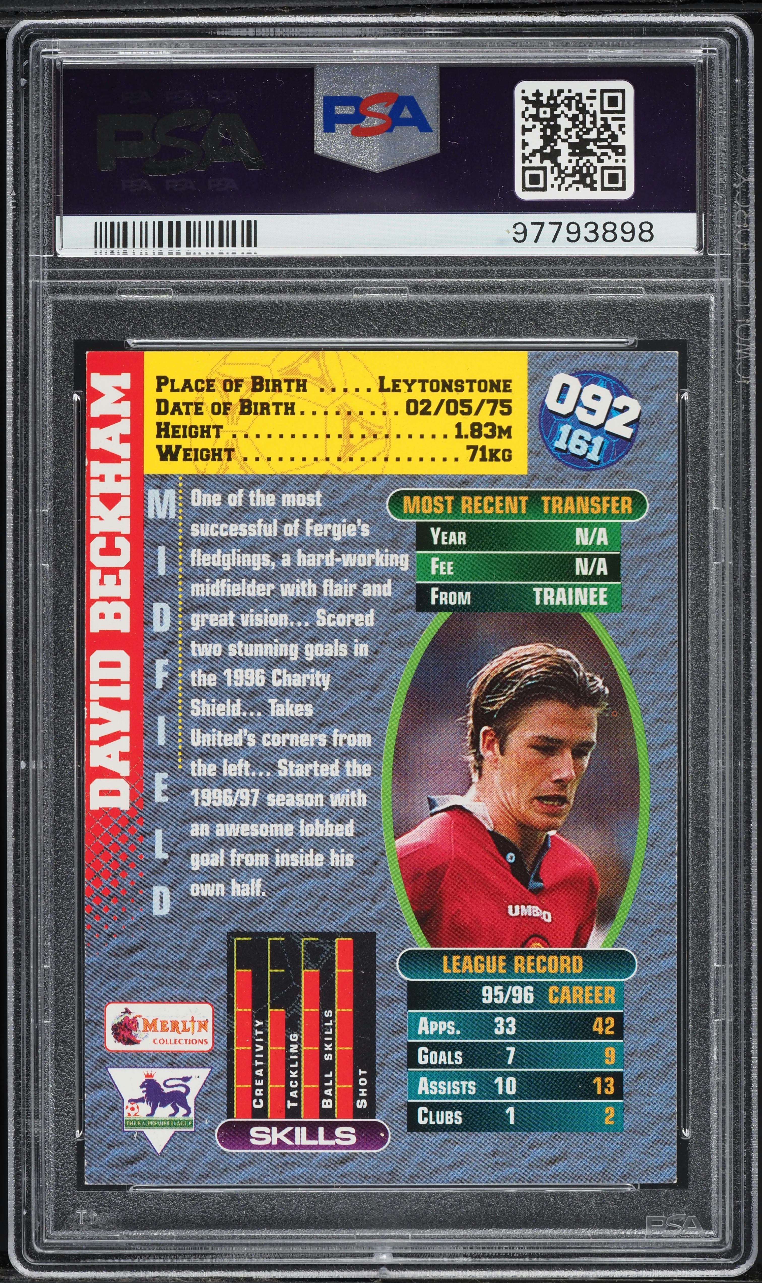 1996 Merlin's Premier Gold David Beckham ROOKIE #92 PSA 6 EXMT on