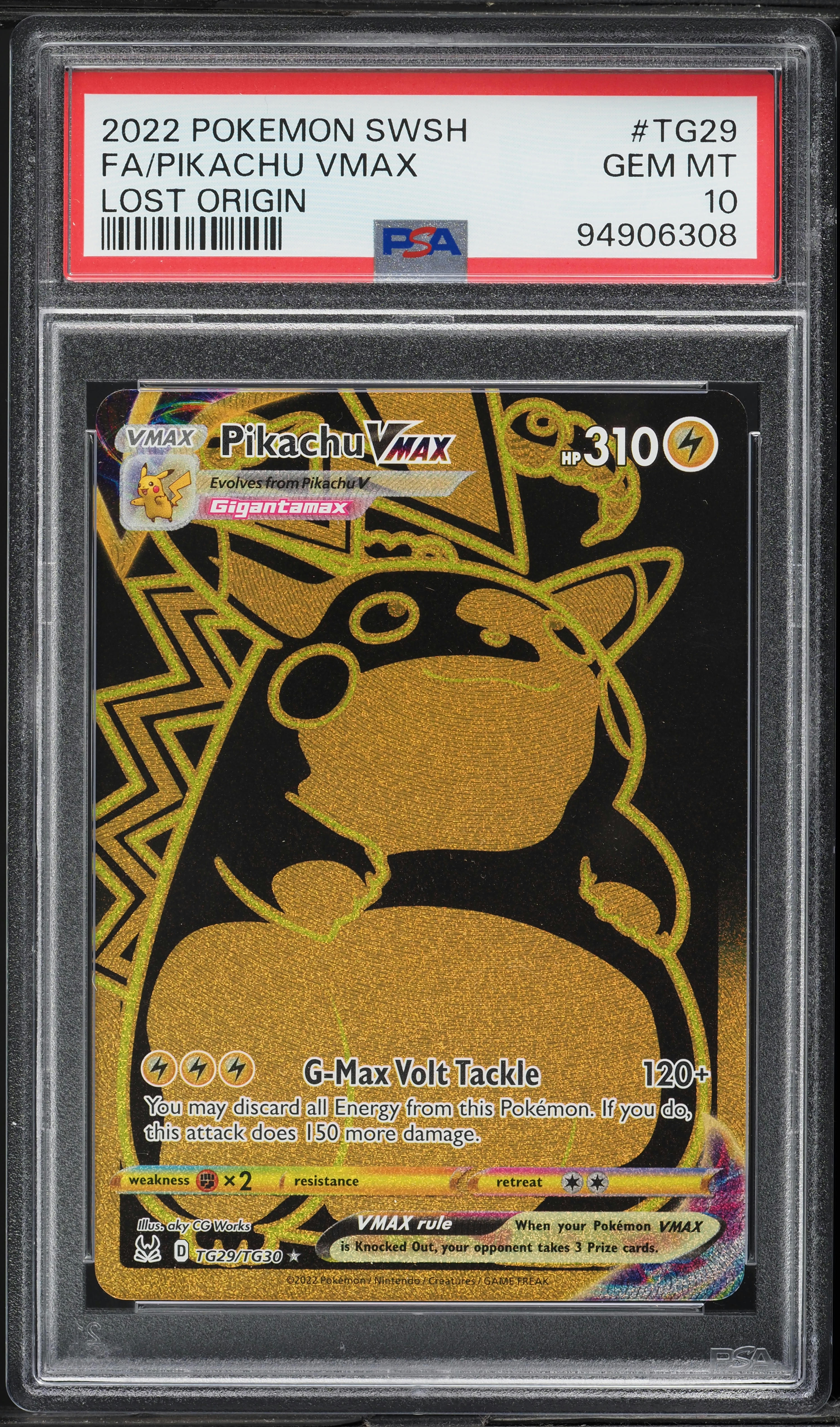 2022 Pokemon SWSH Lost Origin Hyper Rare Pikachu VMAX #TG29 PSA 10