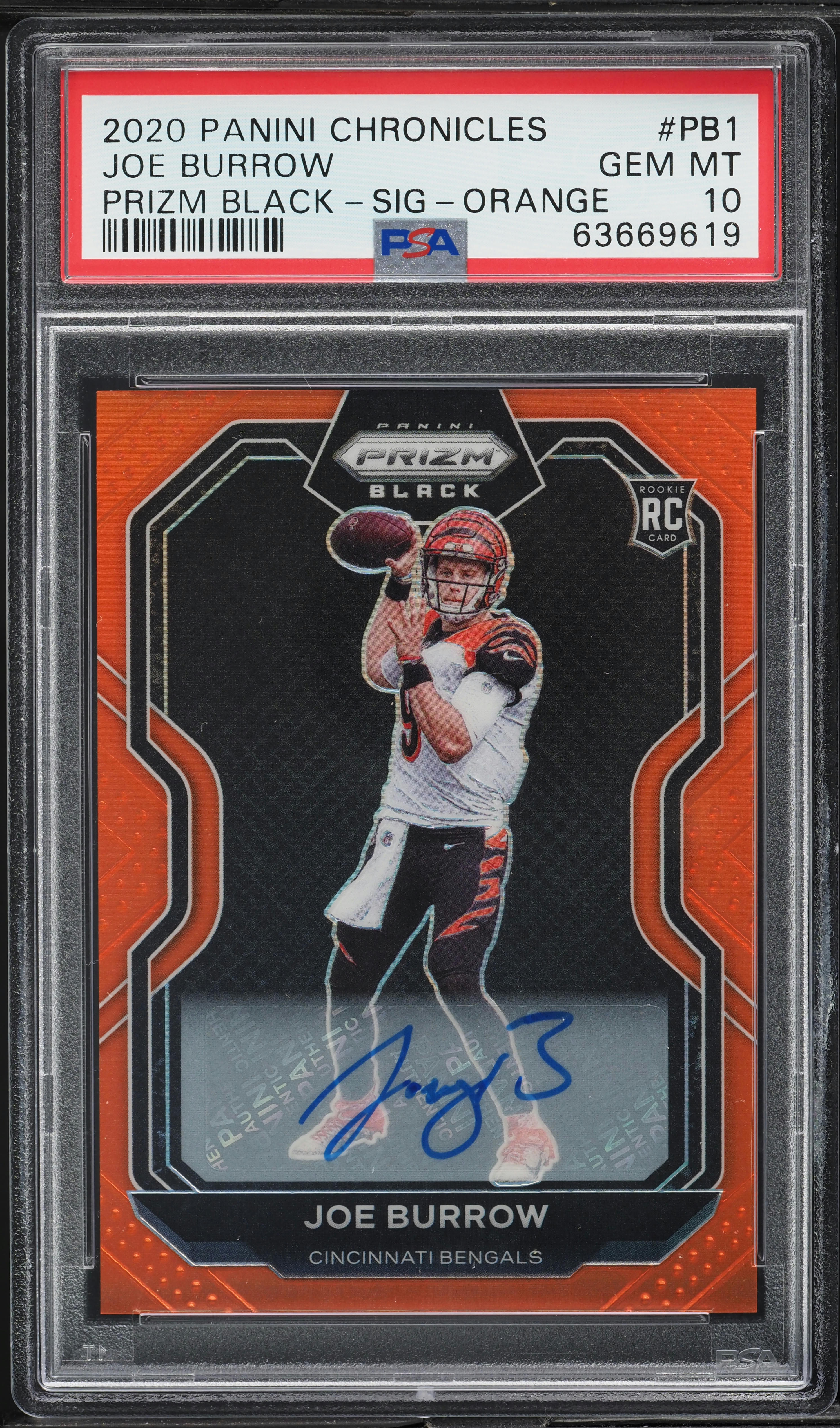 2020 Panini Chronicles Prizm Black Orange Joe Burrow RC AUTO /75