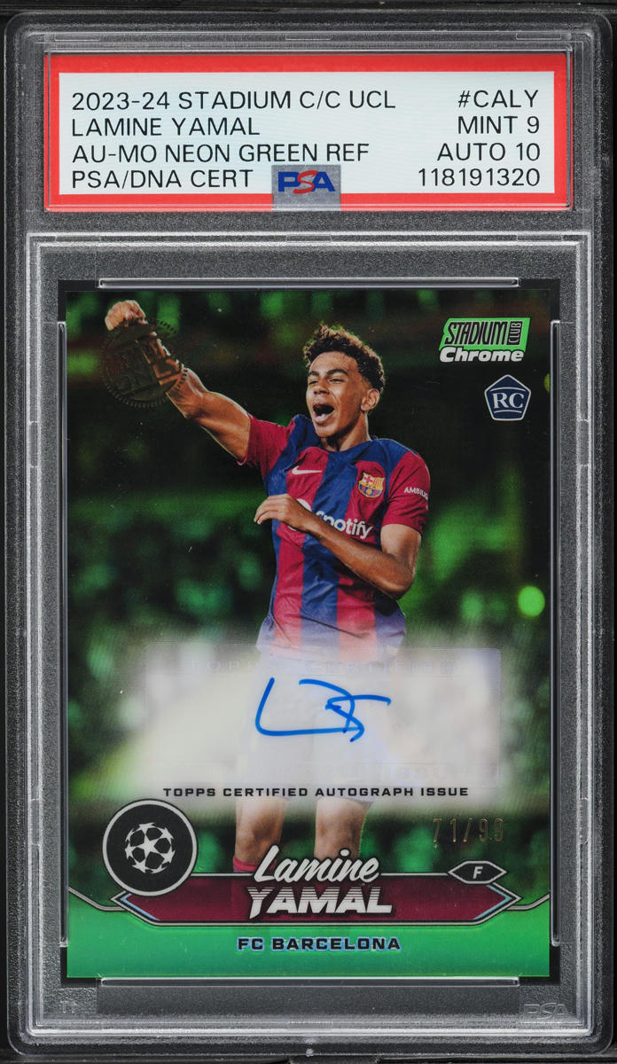 2023 Stadium Club Chrome UEFA Mo Neon Green Lamine Yamal AUTO DNA 10 /99 PSA 9