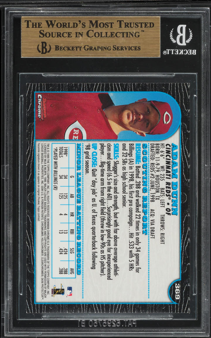 1999 Bowman Chrome International Adam Dunn ROOKIE #369 BGS 9.5 GEM MINT