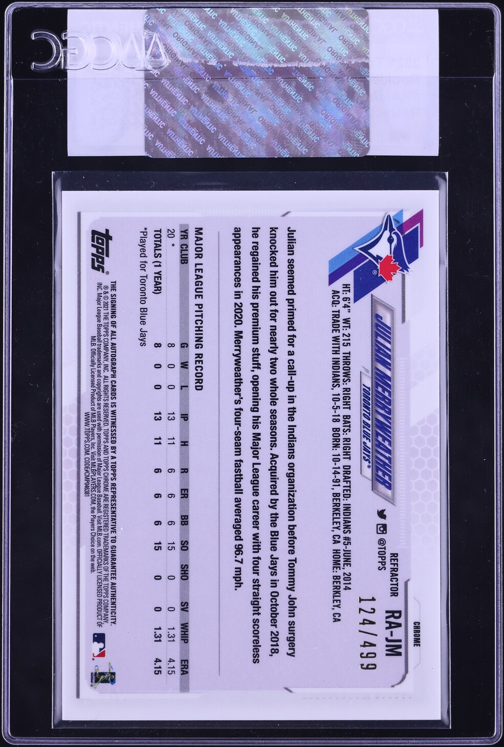 2021 Topps Chrome Refractor Julian Merryweather ROOKIE AUTO /499 #RA-JM CGC AUTH