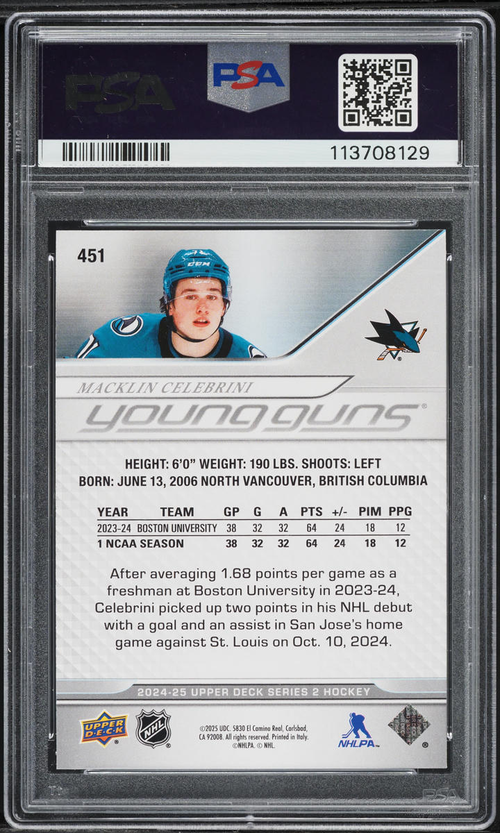 2024 Upper Deck Young Guns Macklin Celebrini ROOKIE #451 PSA 10 GEM MINT