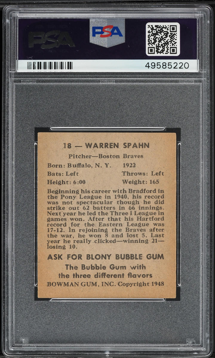 1948 Bowman Warren Spahn ROOKIE #18 PSA 7 NRMT