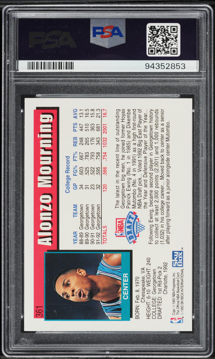 1992 Hoops Alonzo Mourning ROOKIE #361 PSA 9 MINT on Fanatics Collect