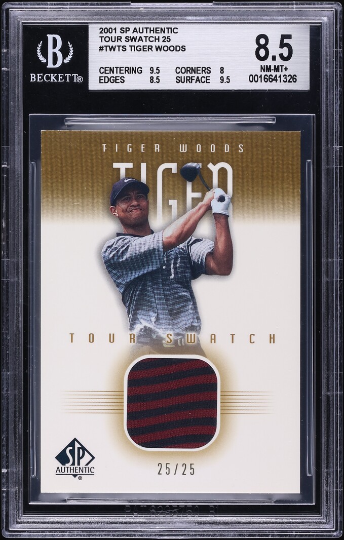 2001 SP Authentic Tour Swatch Gold Tiger Woods ROOKIE PATCH /25 #TWTS BGS 8.5