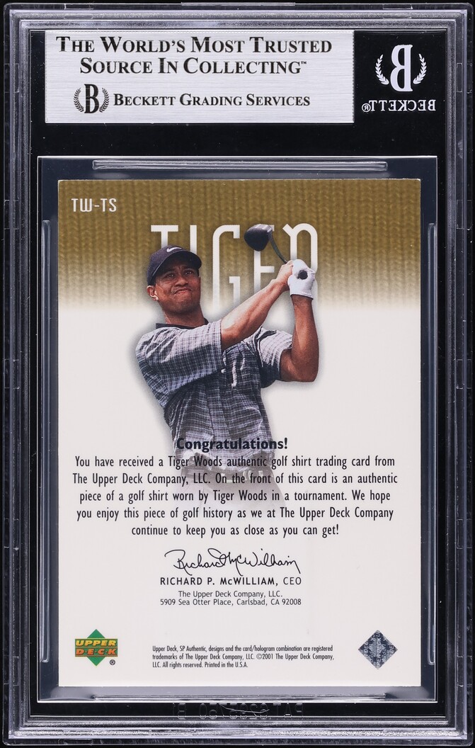 2001 SP Authentic Tour Swatch Gold Tiger Woods ROOKIE PATCH /25 #TWTS BGS 8.5