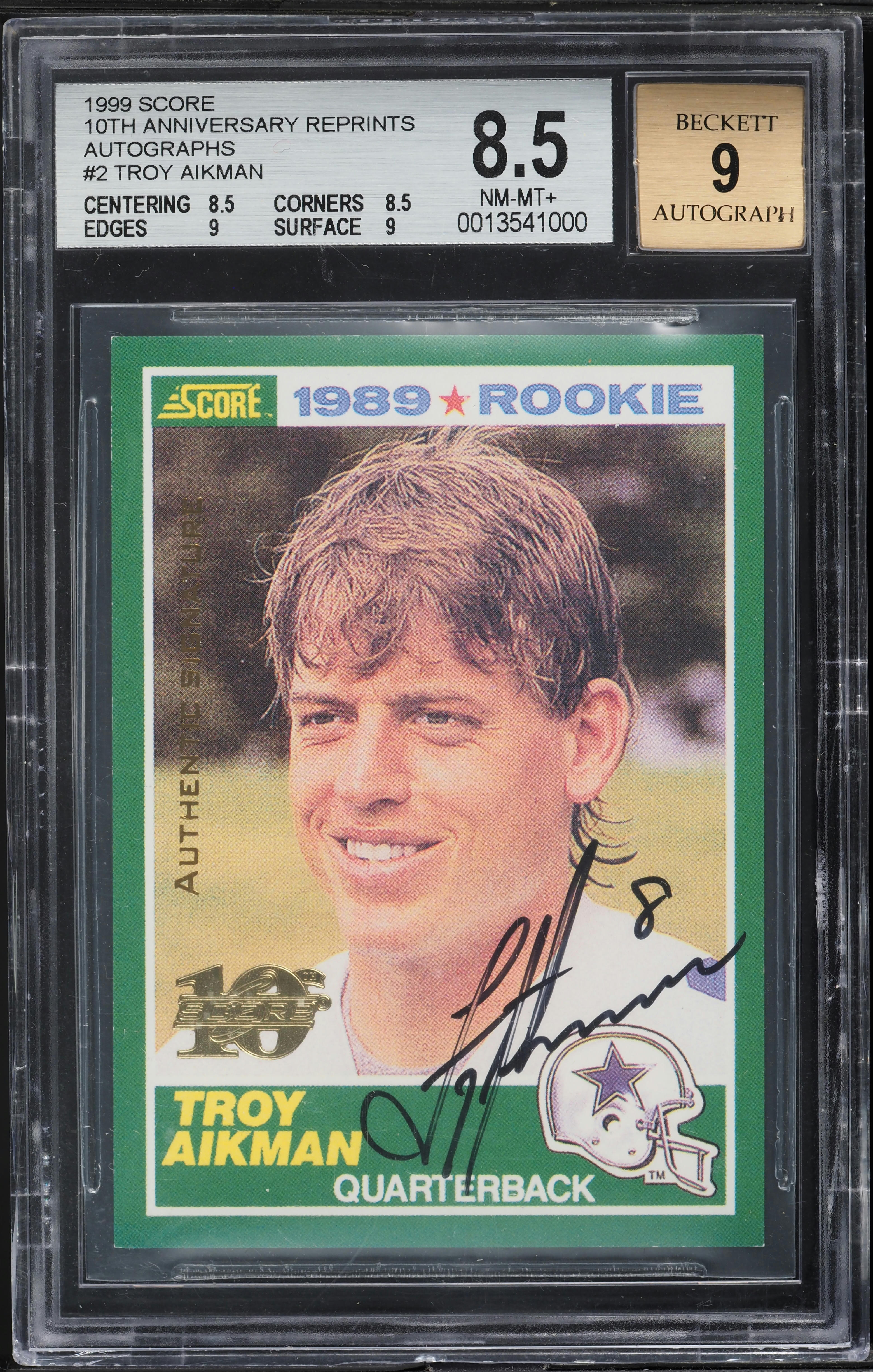 1999 Score 10th Anniversary Reprint Troy Aikman AUTO /1989 #2 BGS