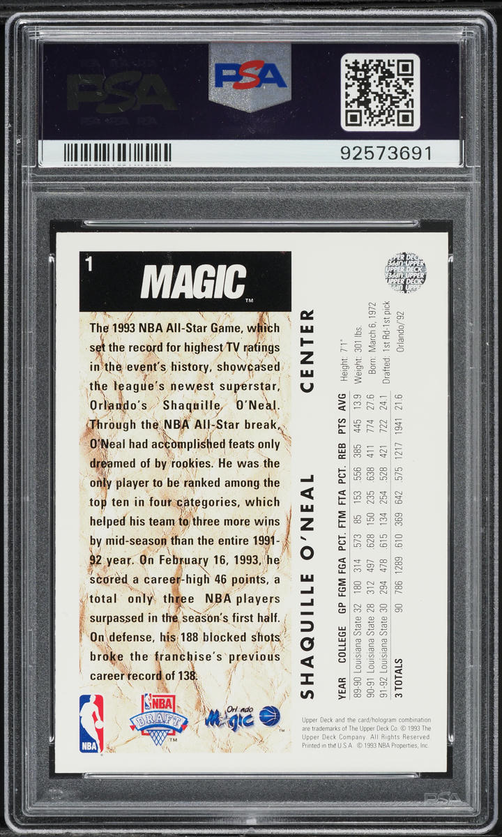 1992 Upper Deck Basketball Shaquille O'Neal ROOKIE #1 PSA 8 NM-MT