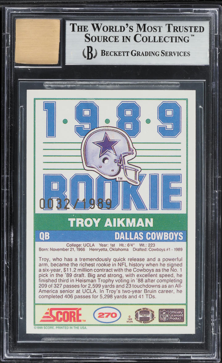 1999 Score 10th Anniversary Reprint Troy Aikman AUTO /1989 #2 BGS 8.5 NM-MT+