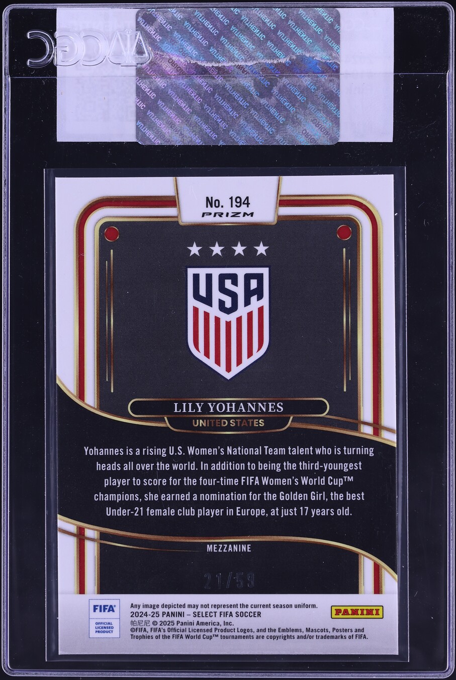 2024 Select FIFA Mezzanine Pink Lily Yohannes ROOKIE /59 #194 CGC AUTH