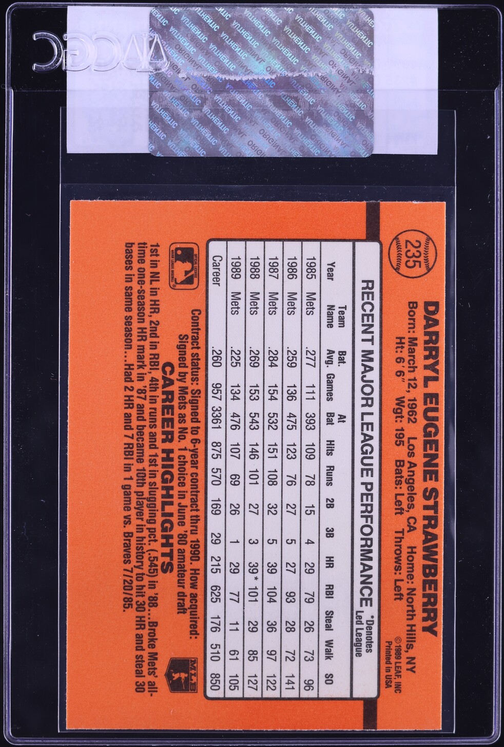 1990 Donruss Darryl Strawberry #235 CGC AUTH