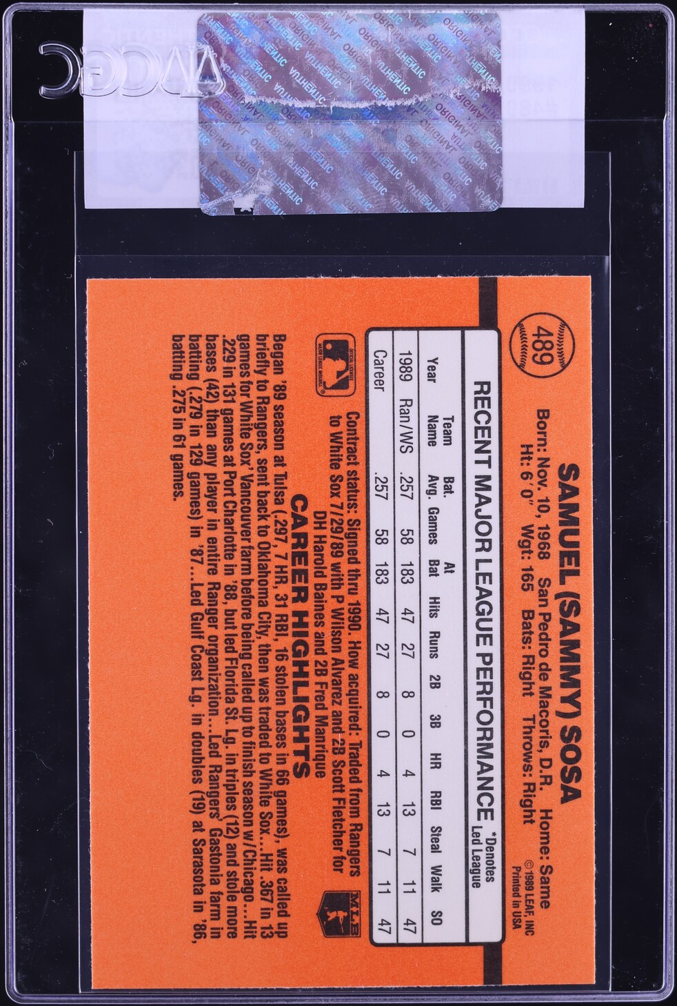 1990 Donruss Sammy Sosa ROOKIE #489 CGC AUTH