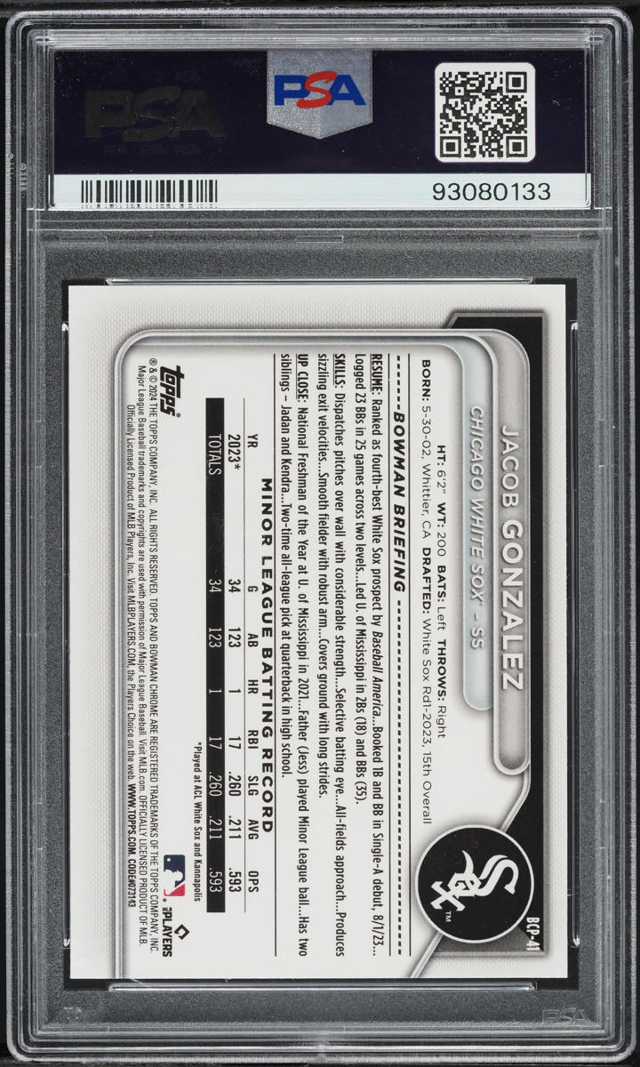 2024 Bowman Chrome Lunar Glow Refractor Jacob Gonzalez PROSPECT #BCP-41 PSA 10