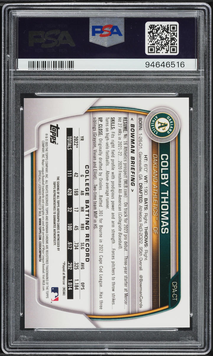 2023 Bowman Chrome Speckle Refractor Colby Thomas PROSPECT AUTO /299 PSA 10 GEM