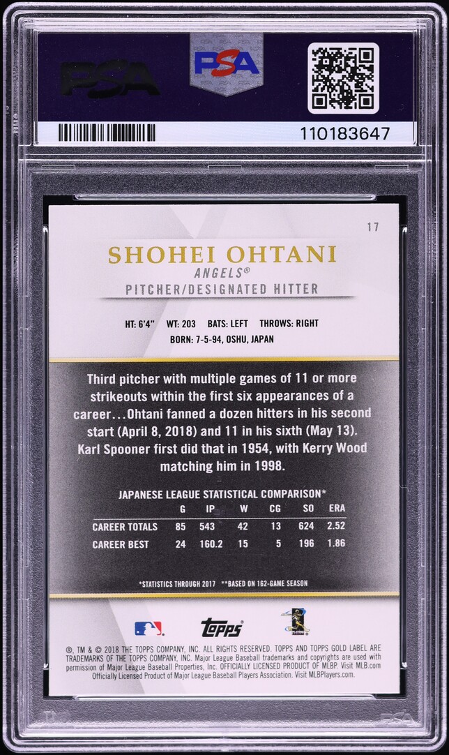 2018 Topps Gold Label Class 1 Black Shohei Ohtani ROOKIE #17 PSA 10 GEM MINT