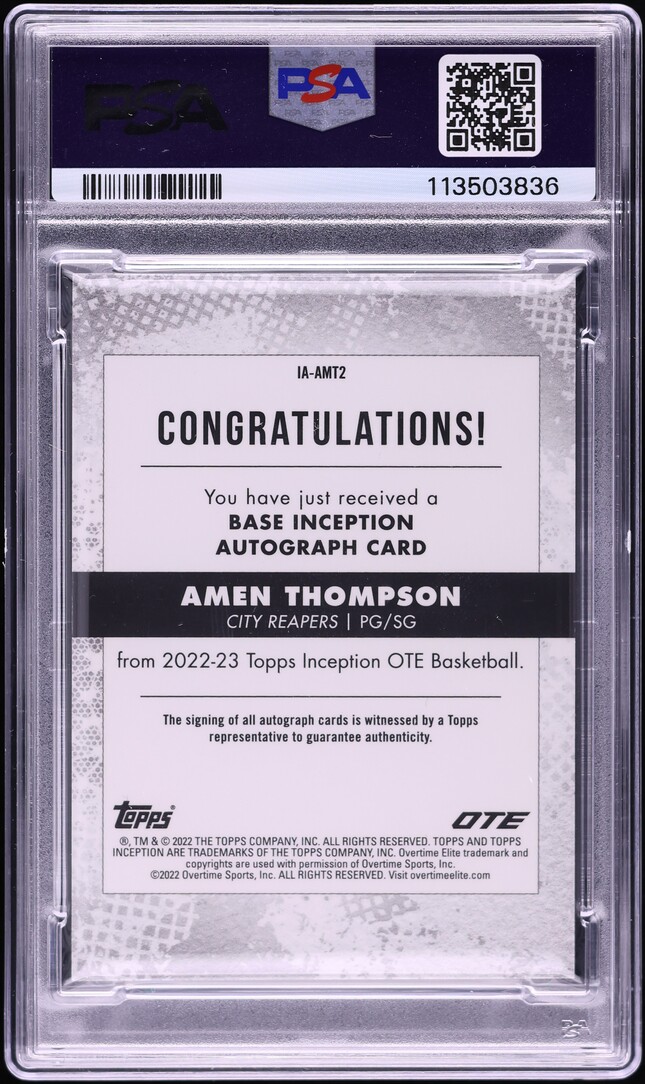 2022 Topps Inception OTE Amen Thompson ROOKIE AUTO /199 #IAAMT2 PSA 10 GEM MINT