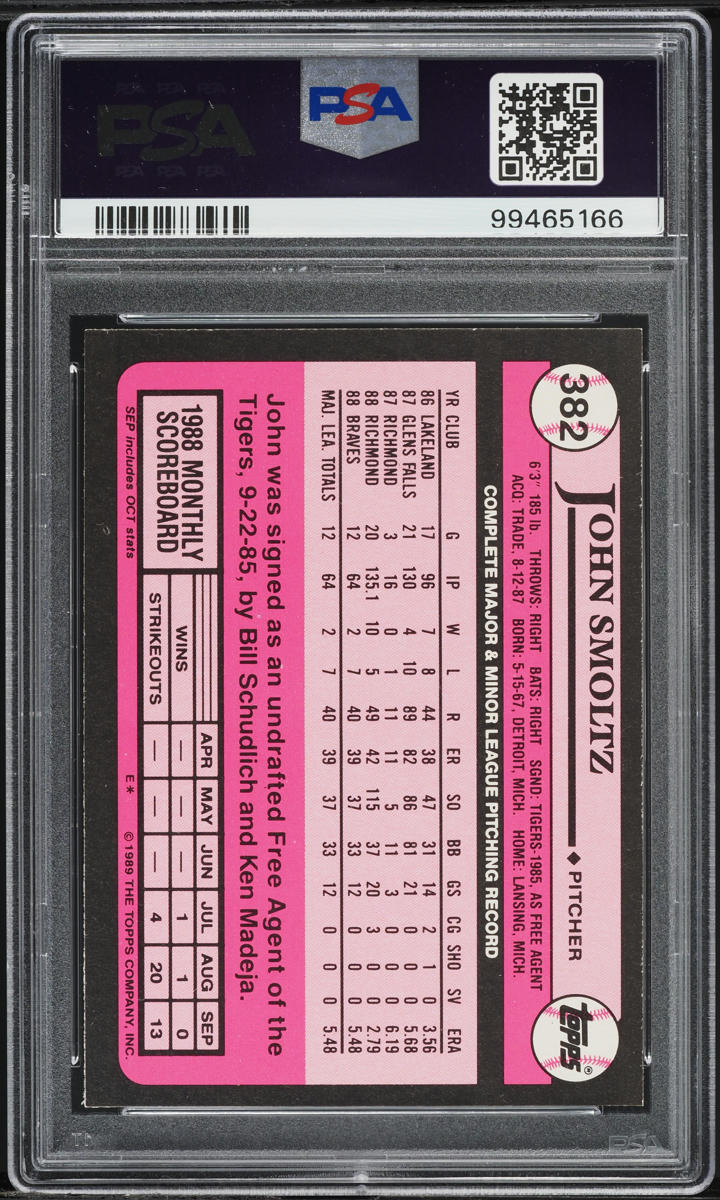 1989 Topps Tiffany John Smoltz ROOKIE #382 PSA 8 NM-MT