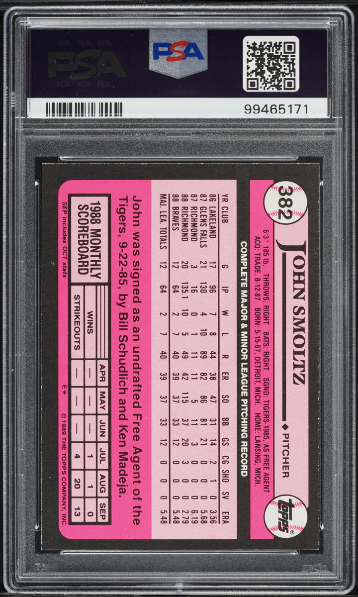 1989 Topps Tiffany John Smoltz ROOKIE #382 PSA 8 NM-MT