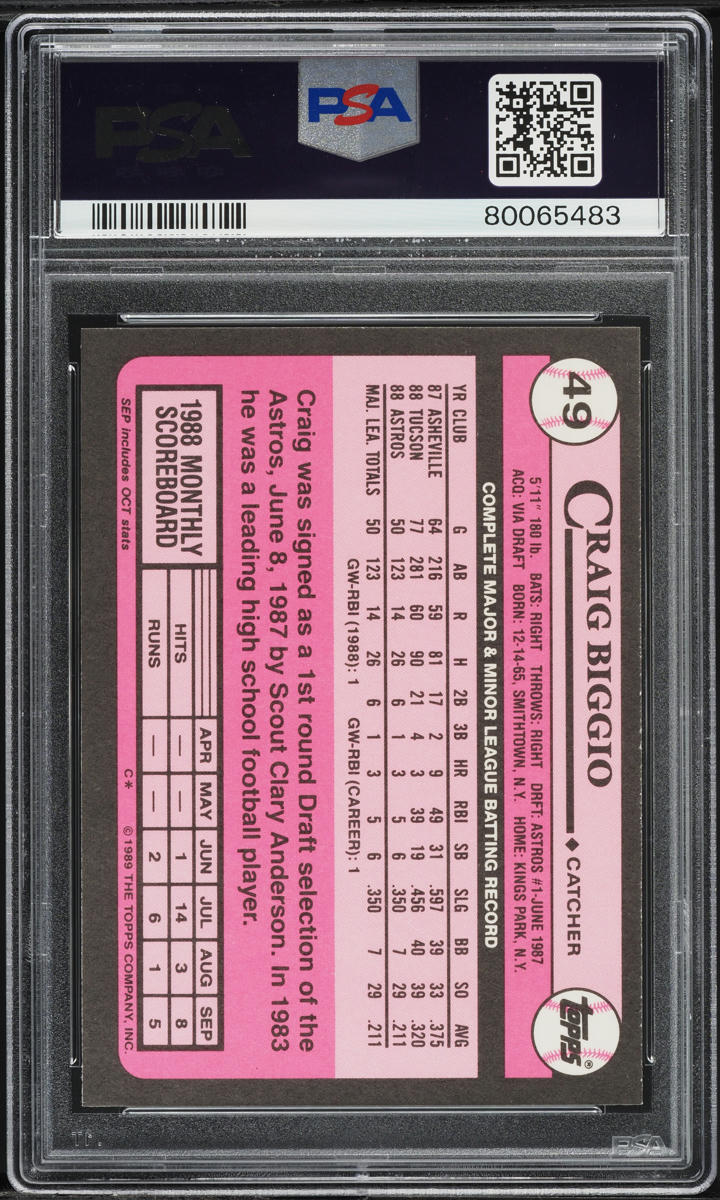 1989 Topps Tiffany Craig Biggio ROOKIE #49 PSA 9 MINT