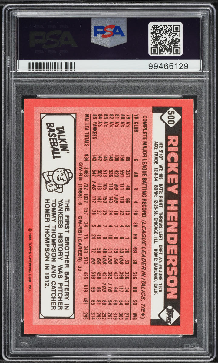 1986 Topps Tiffany Rickey Henderson #500 PSA 7 NRMT