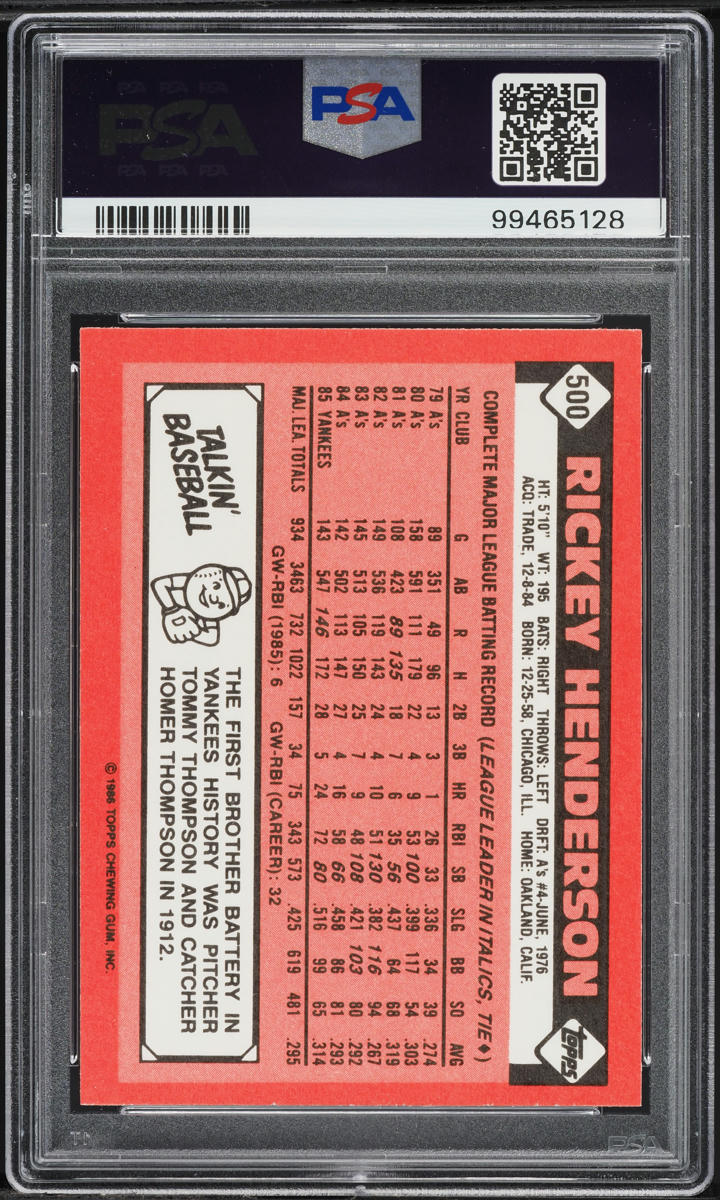 1986 Topps Tiffany Rickey Henderson #500 PSA 8 NM-MT