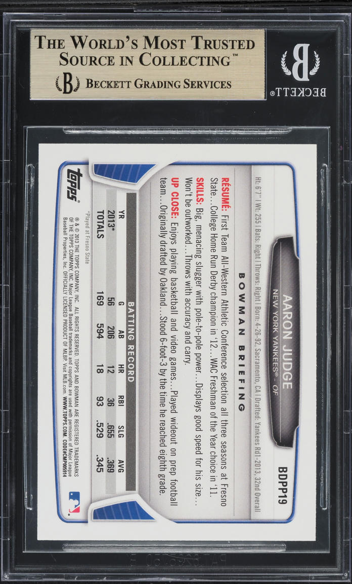 2013 Bowman Draft Picks Aaron Judge PROSPECT #BDPP19 BGS 10 PRISTINE