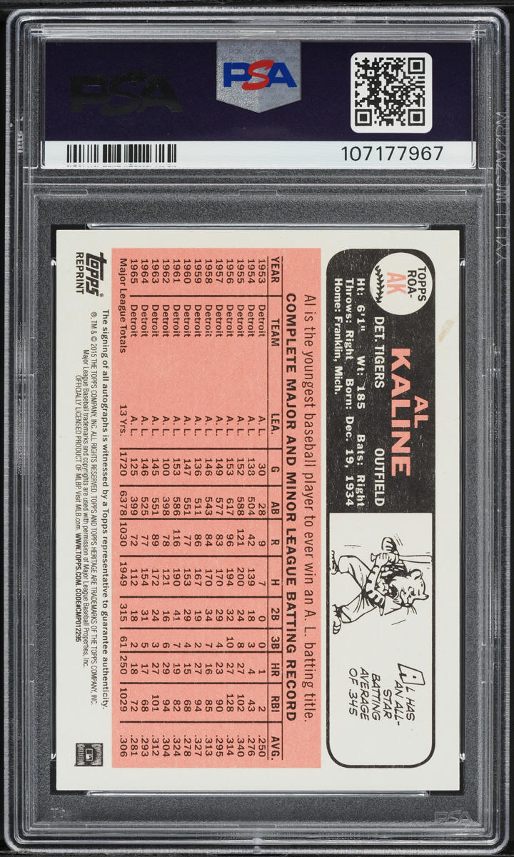 2015 Topps Heritage Real One Swinging Bat Al Kaline AUTO #ROA-AK PSA 10 GEM MINT