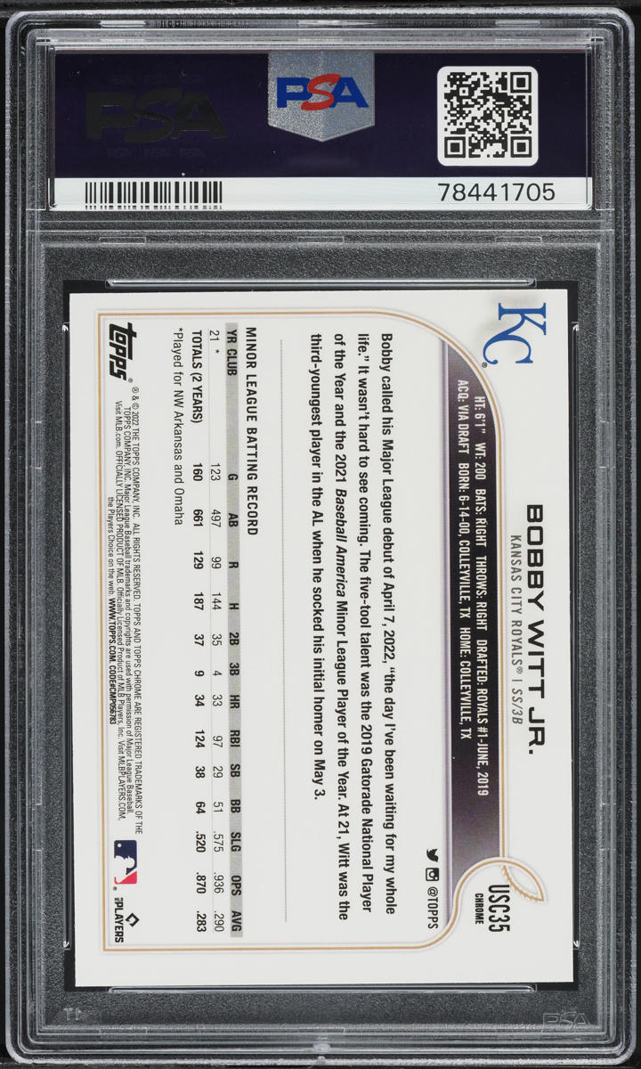 2022 Topps Chrome Update Bobby Witt Jr. ROOKIE #USC35 PSA 8 NM-MT