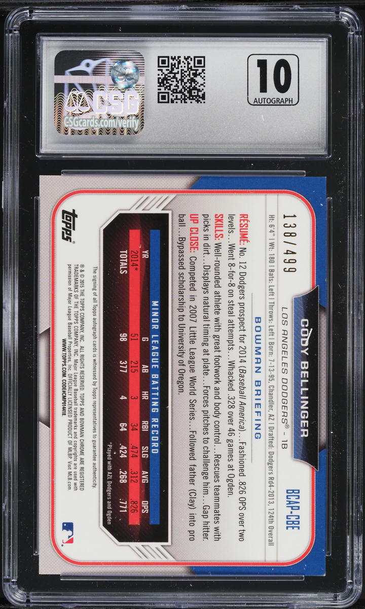 2015 Bowman Chrome Refractor Cody Bellinger PROSPECT AUTO /499 CSG 8.5 NM-MT+