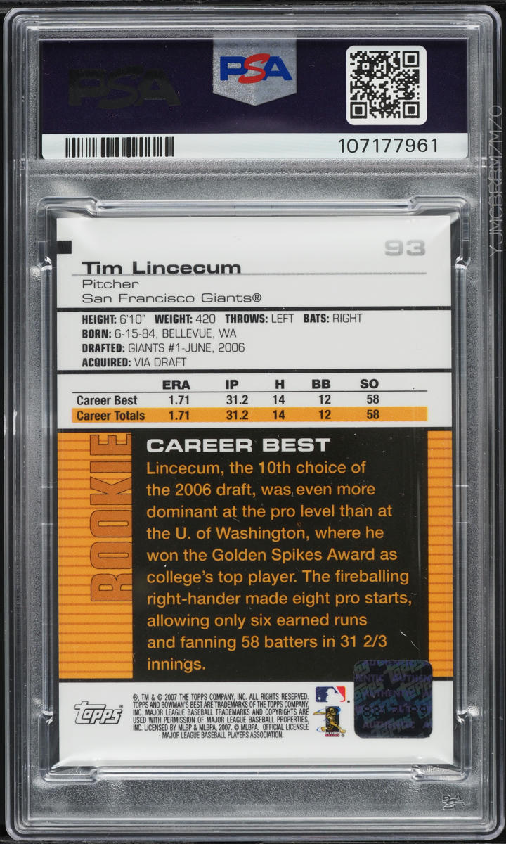 2007 Bowman's Best Tim Lincecum ROOKIE AUTO #93 PSA 7 NRMT