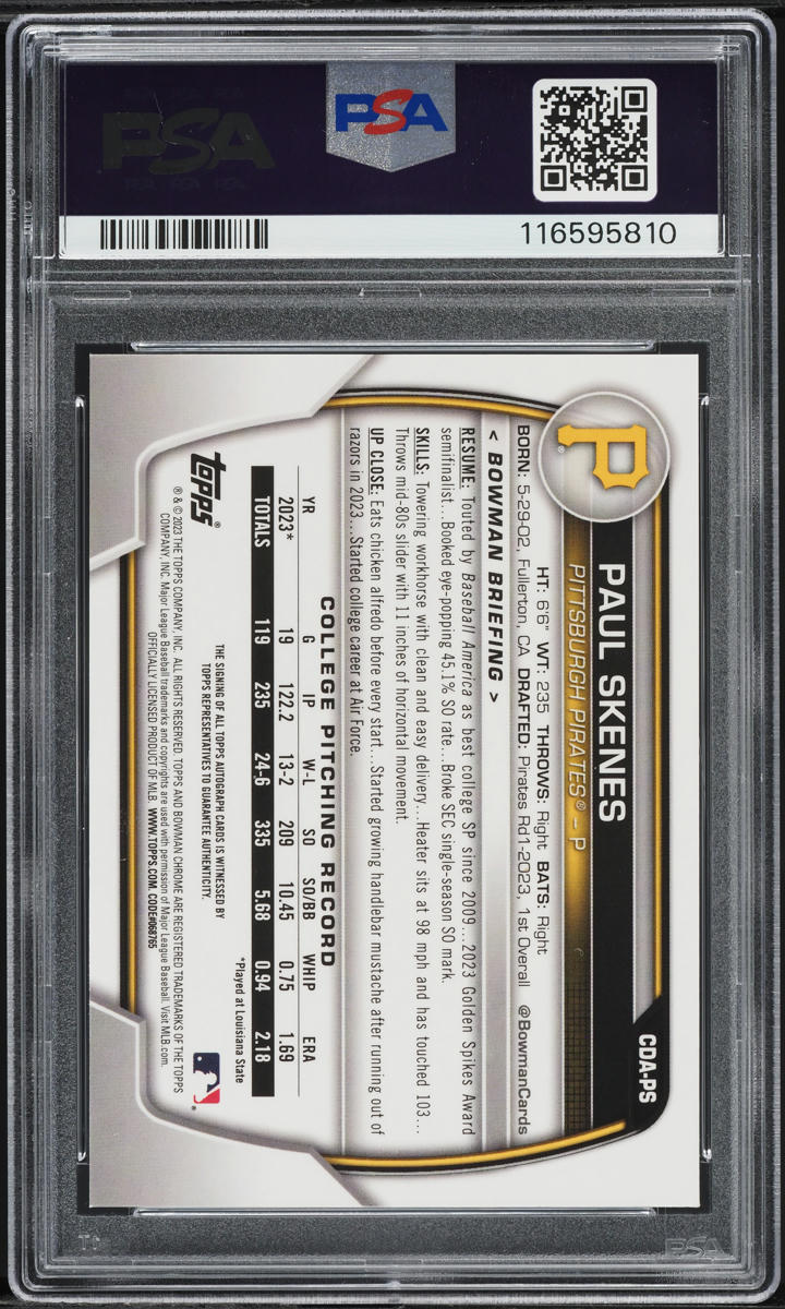 2023 Bowman Chrome Draft Paul Skenes PROSPECT AUTO DNA 10 #CDAPS PSA 10 GEM MINT