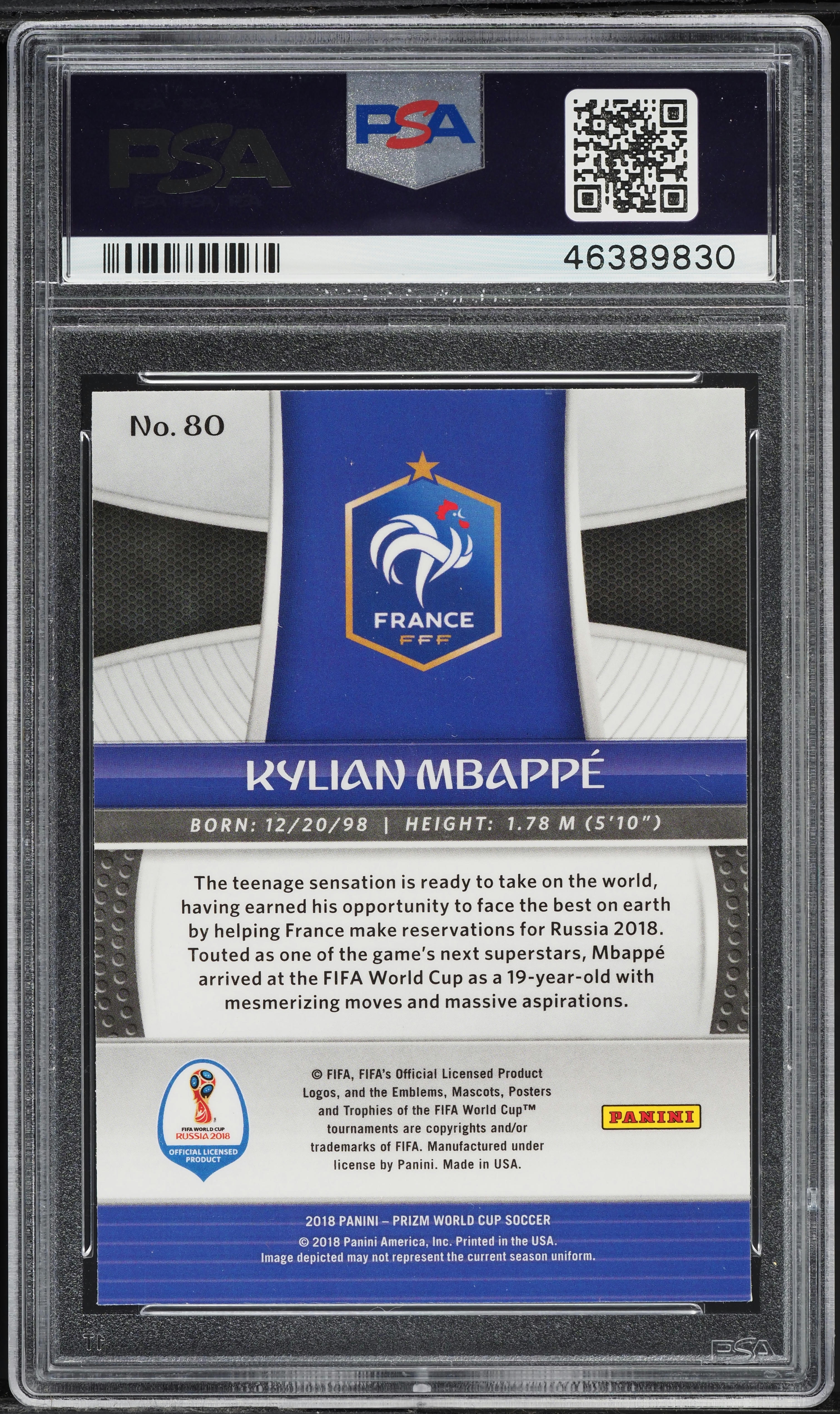 2018 Panini Prizm World Cup Kylian Mbappe ROOKIE #80 PSA 9 MINT on