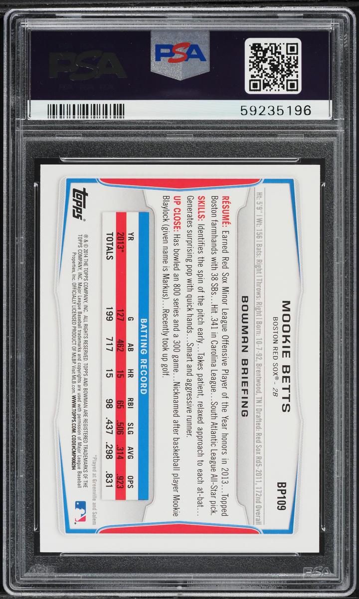 2014 Bowman Mookie Betts PROSPECT #BP109 PSA 9 MINT