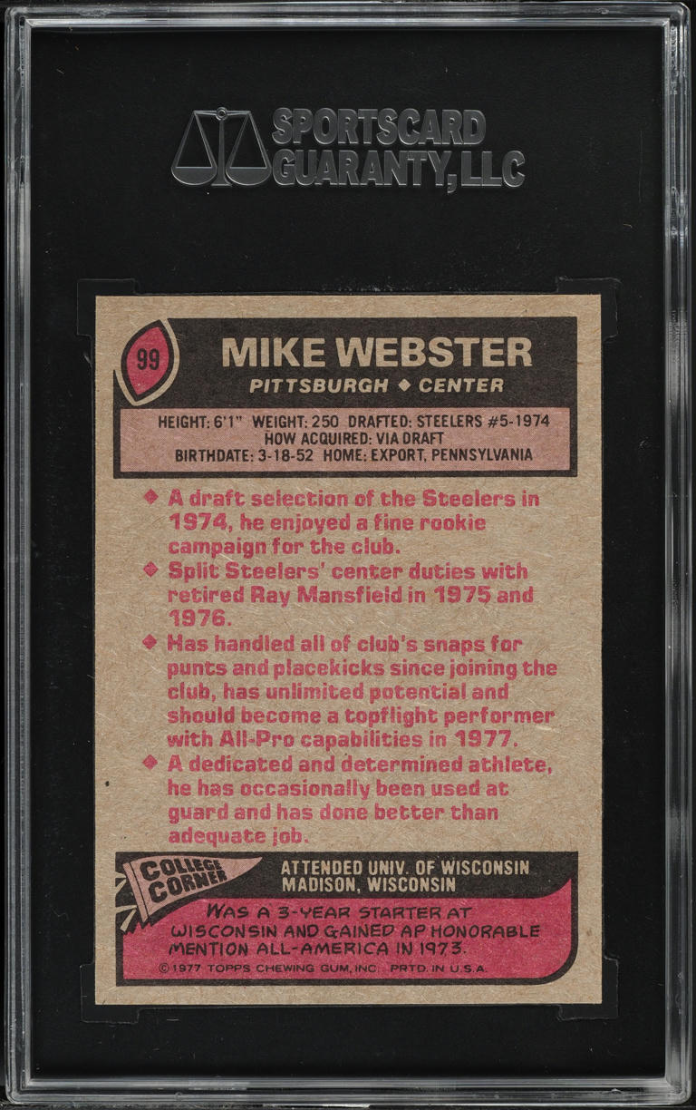 1977 Topps Football Mike Webster ROOKIE #99 SGC 9 MINT