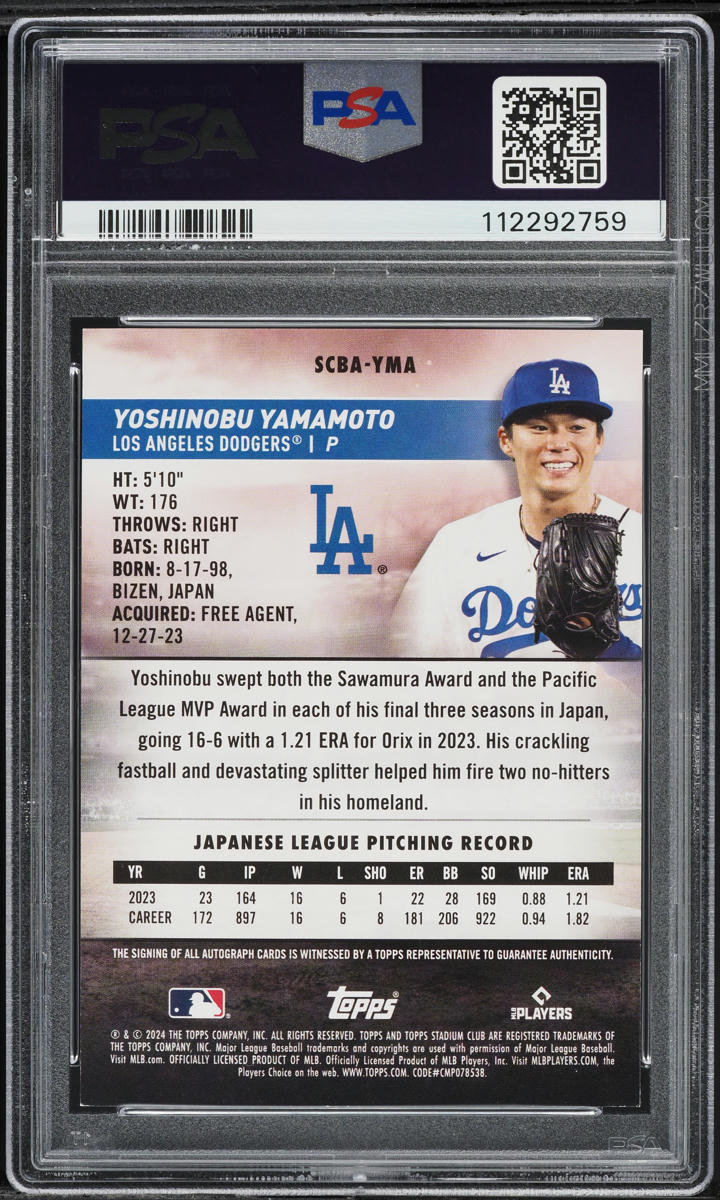 2024 Stadium Club Base Yoshinobu Yamamoto ROOKIE AUTO #SCBA-YMA PSA 8.5 NM-MT+