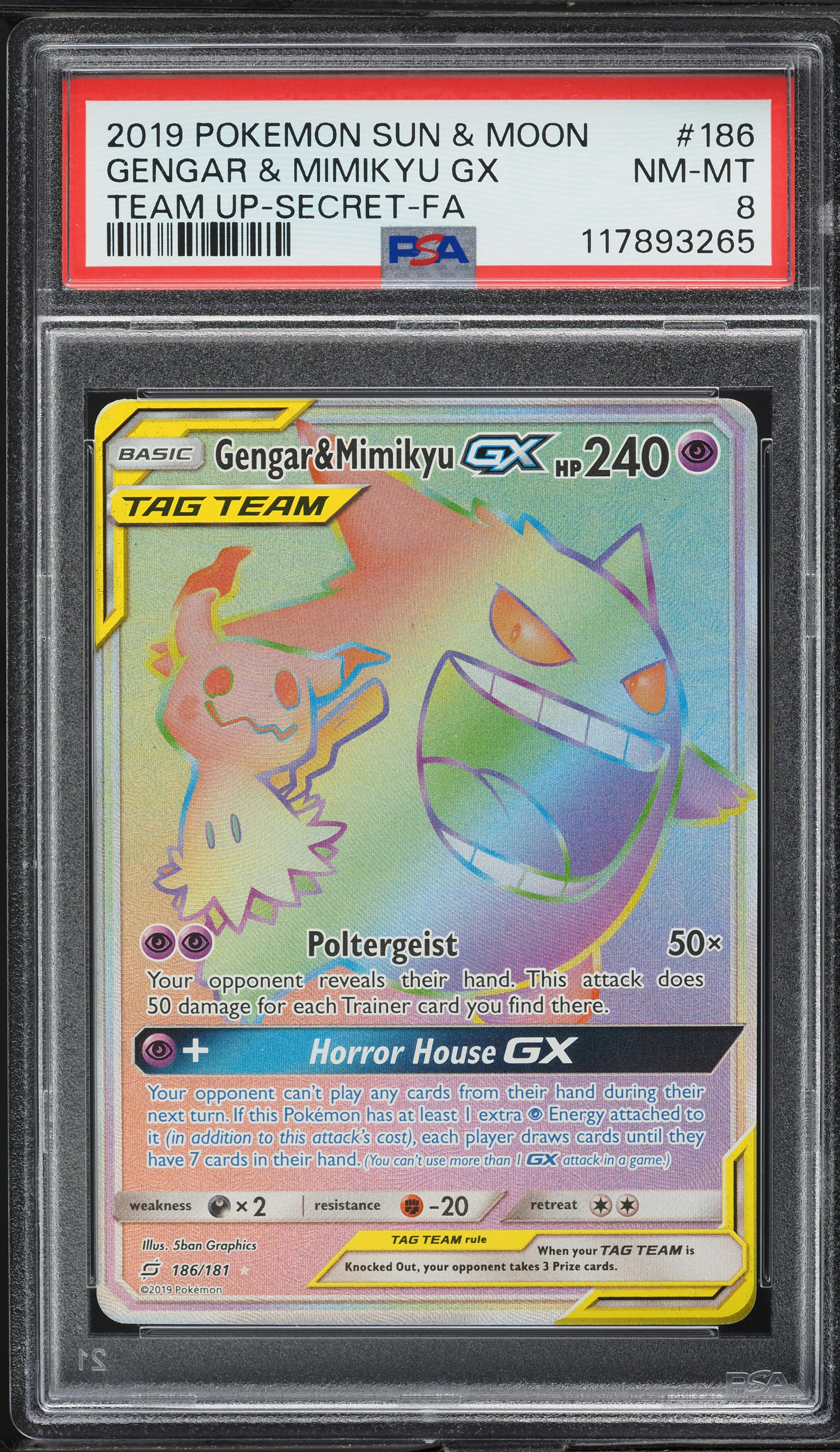 2019 Pokemon SM Team Up Rainbow Rare Gengar & Mimikyu GX #186 PSA